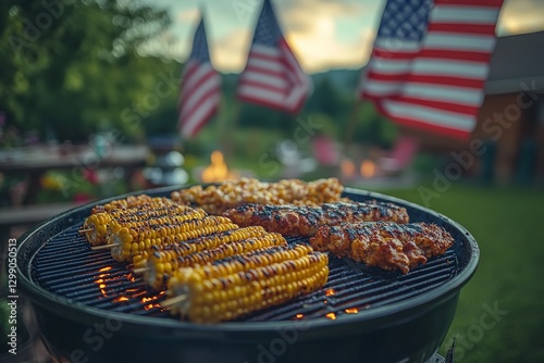 American flags and grilled food during a backyard barbecue gathering. USA Independence Day, July 4th. Generative Ai