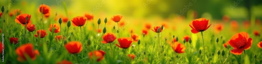A carpet of red poppies blankets a lush green summer meadow , texture, rural, green A carpet of red poppies blankets a lush green summer meadow , texture, rural, green