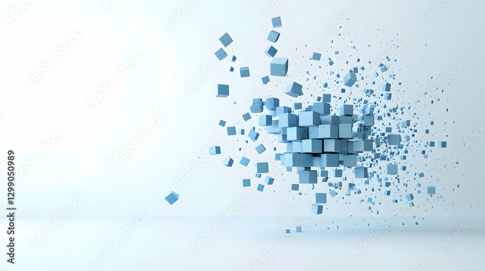 Abstract Three Dimensional Blue Cubes Explosion On White Background Abstract Three Dimensional Blue Cubes Explosion On White Background