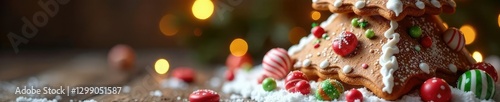 Gingerbread Christmas tree adorned with swirly icing and sparkling candies, candy, decorations, holiday