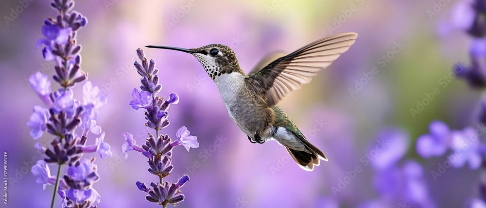 Fototapeta premium Elegant Hummingbird in Flight Among Vibrant Purple Flowers - Stunning Nature Photography for Designs