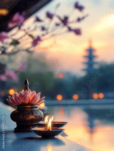 Serene Candlelight Offering in a Buddhist Temple at Sunset - AI Generated