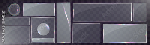 Panel and frame glass UI elements, glass panel template, realistic glass effect, modern UI design, transparent interface, futuristic glass layout.