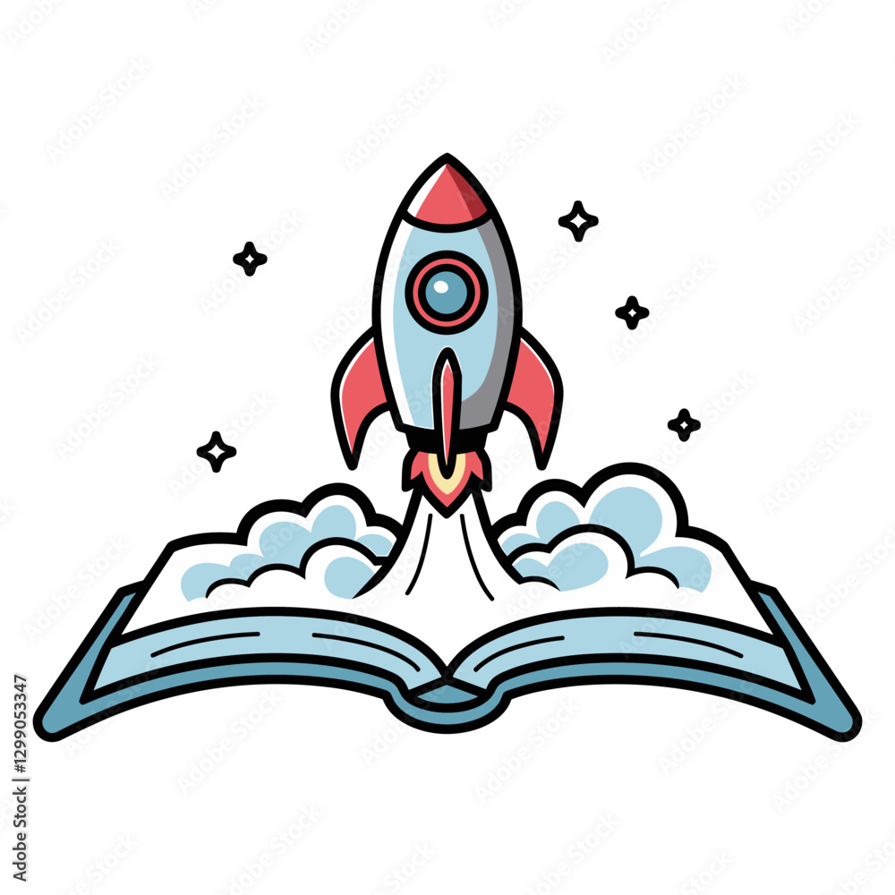 Vector flat illustration of rocket is launching from an open book Vector flat illustration of rocket is launching from an open book