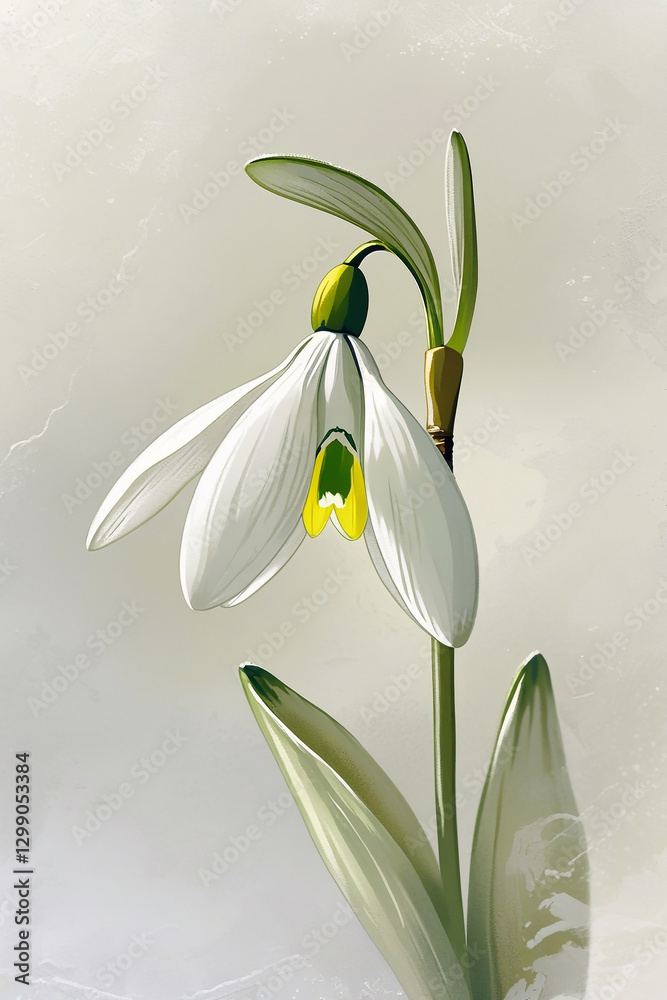 Obraz premium A delicate, intricate illustration of a snowdrop flower, its white petals gently curved and tapered, with yellow-green stamens and a slender stem