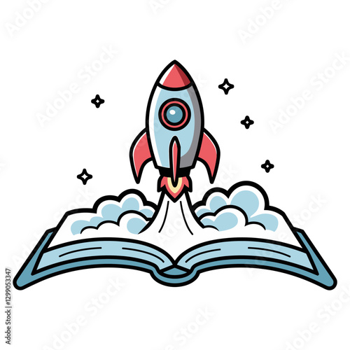 Vector flat  illustration of rocket is launching from an open book