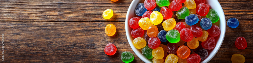 A white bowl filled with colorful gummy candies sits on a wooden table. Concept of sweetness and indulgence. For candy-related advertisements or packaging A white bowl filled with colorful gummy candies sits on a wooden table. Concept of sweetness and indulgence. For candy-related advertisements or packaging