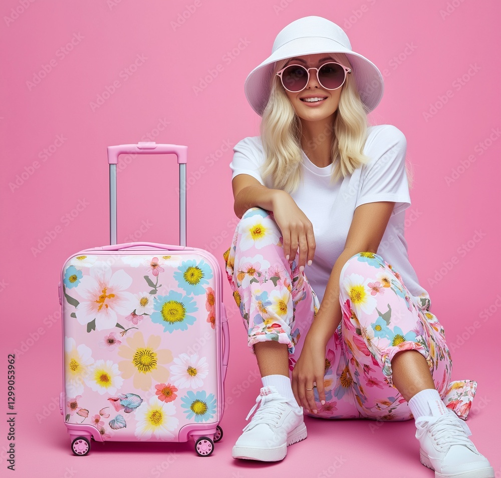A blonde woman wearing floral pants, a white t-shirt, and a bucket hat is sitting next to a travel suitcase with a pastel flower print. The background is pink, and the woman is also wearing sunglasses A blonde woman wearing floral pants, a white t-shirt, and a bucket hat is sitting next to a travel suitcase with a pastel flower print. The background is pink, and the woman is also wearing sunglasses