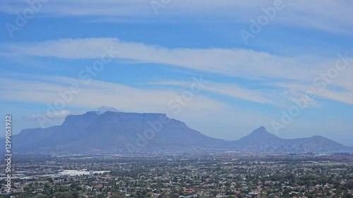 breathtaking view of Table Mountain and the city of Cape Town, with the mountain towering over the vibrant coastal city 