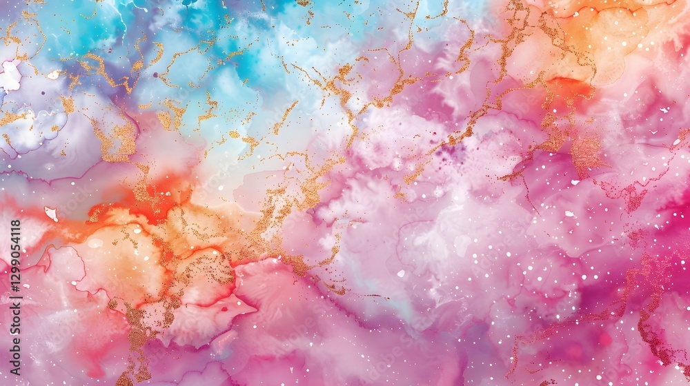 Fototapeta premium Dreamy watercolor background with vibrant pink, orange, and blue hues. Abstract fluid texture with delicate gold veins, perfect for luxury design, modern art, and digital creative projects. 