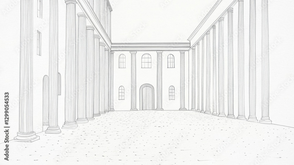 Grayscale Architectural Sketch Of A Modern Building Entrance Design Plan Illustration Exterior Building Entrance Corridor Architectural Drawing Drawing Line Art Minimalist Design Building Exterior