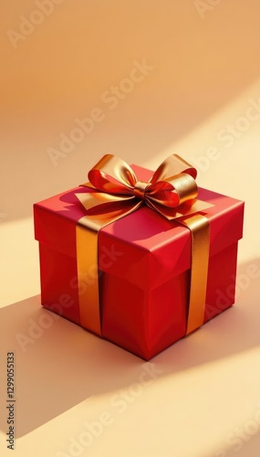 Luxurious gift wrapped in red paper with a shiny gold ribbon against a soft beige background with shadows, elegance, gift