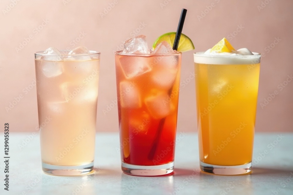 Stylish trio of iced drinks against a neutral backdrop, cool, color, mocktail Stylish trio of iced drinks against a neutral backdrop, cool, color, mocktail