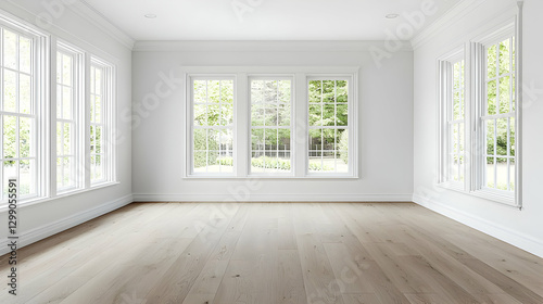 Wallpaper Mural Empty Bright Interior Room with White Walls and Large Windows with Green Outside View Torontodigital.ca