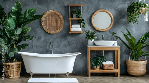 Luxurious bathroom design with plants, freestanding tub, and wooden vanity.  Perfect for home decor magazines or real estate listings