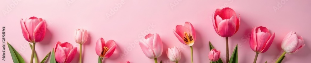 Pink tulips with soft petals and golden centers on a light pink background, garden, botanical Pink tulips with soft petals and golden centers on a light pink background, garden, botanical