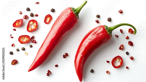a group of red peppers and some peppercorns