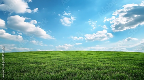 a green field with blue sky and clouds
