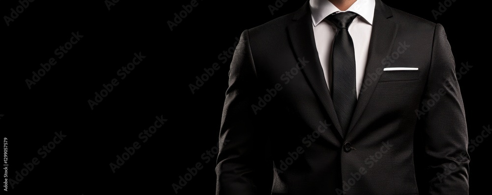 A stylishly dressed man in a black suit and tie stands against a dark background, exuding elegance and professionalism. A stylishly dressed man in a black suit and tie stands against a dark background, exuding elegance and professionalism.