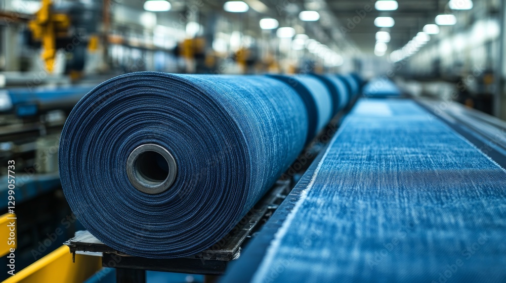 Obraz premium Rolls of denim fabric on display in a textile manufacturing facility during daytime operations