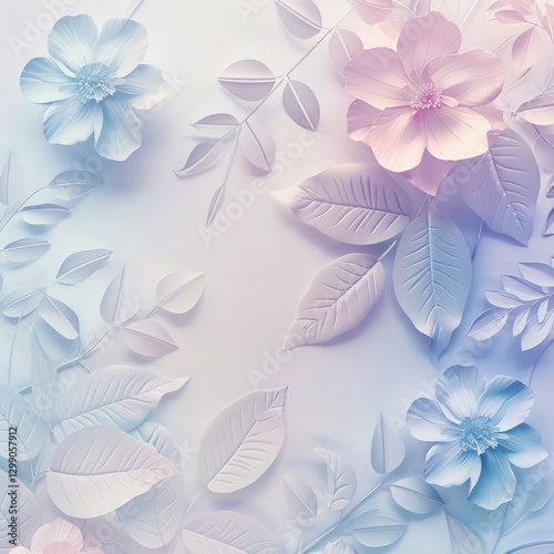 Multi-colored translucent leaves and pastel-colored flowers are superimposed on each other on a soft background, creating a delicate and airy visual effect. The concept of nature.