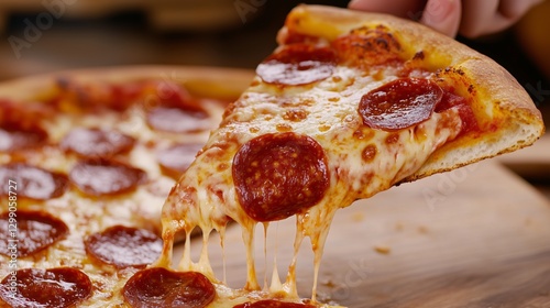 Delicious Pepperoni Pizza: A close-up shot of a hand lifting a slice of pepperoni pizza, showing off the stringy melted cheese and mouthwatering toppings, ready to enjoy.