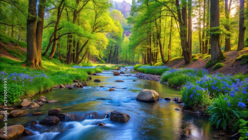 Obraz premium Serene River Flowing Through a Lush Green Forest Canopy, Adorned with Vibrant Blue Flowers Along its Banks