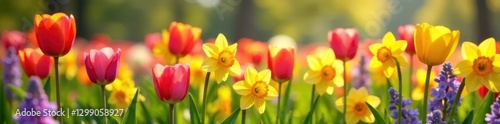 Vibrant tulips, daffodils, hyacinths in sunlit meadow, flower background, yellow