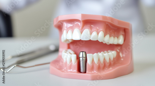 Wallpaper Mural A dental implant model prominently displayed on a dental clinic table, with both the crown and metal screw clearly visible Torontodigital.ca