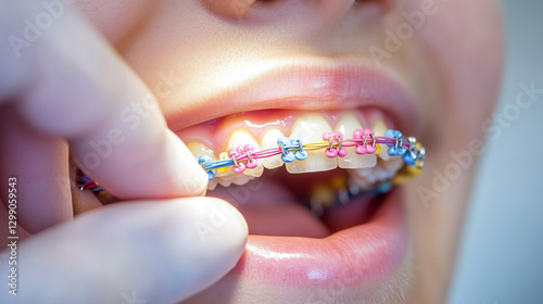 A dental professional’s hand carefully adjusting colorful orthodontic braces on a patient’s teeth, the vibrant colors designed to make the process less 