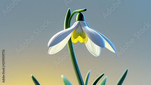a highly detailed 3D render of a snowdrop flower with delicate white petals and a yellow center, set against a soft, gradient blue background that gradually transitions to a warm, creamy yellow