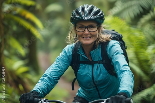 Middle aged woman enjoying a summer cycling trip on a scenic mountain trail. Generative AI