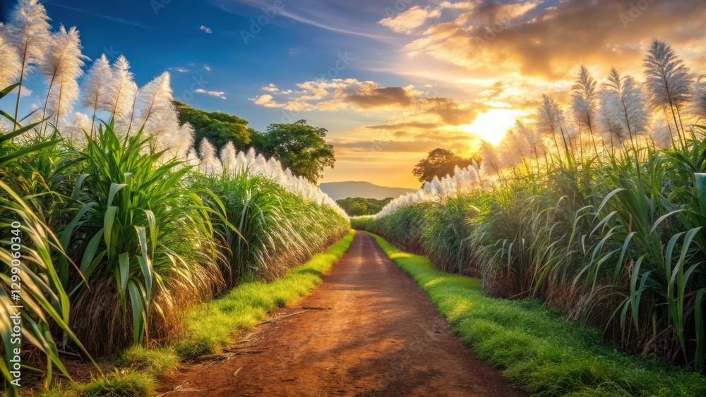 Fototapeta premium Golden Hour Pathway Through a Lush Sugarcane Field with Tall, Feathery White Flowers