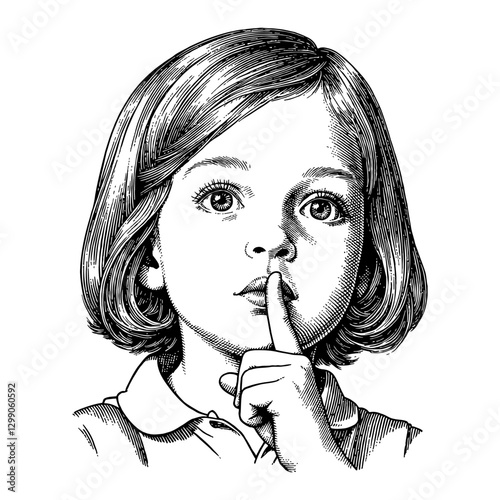 Little Girl With Finger Silence Gesture Near Mouth Black and White Outline Line Art Drawing