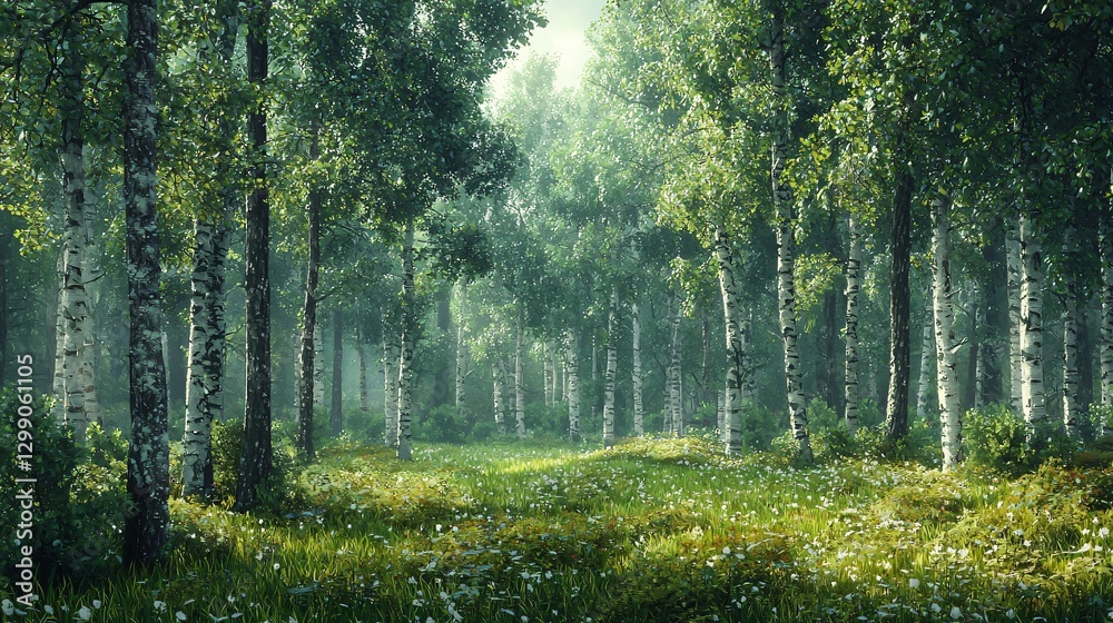 Obraz premium Serene Birch Forest With Lush Green Grass and Sunlight Filtering Through Trees