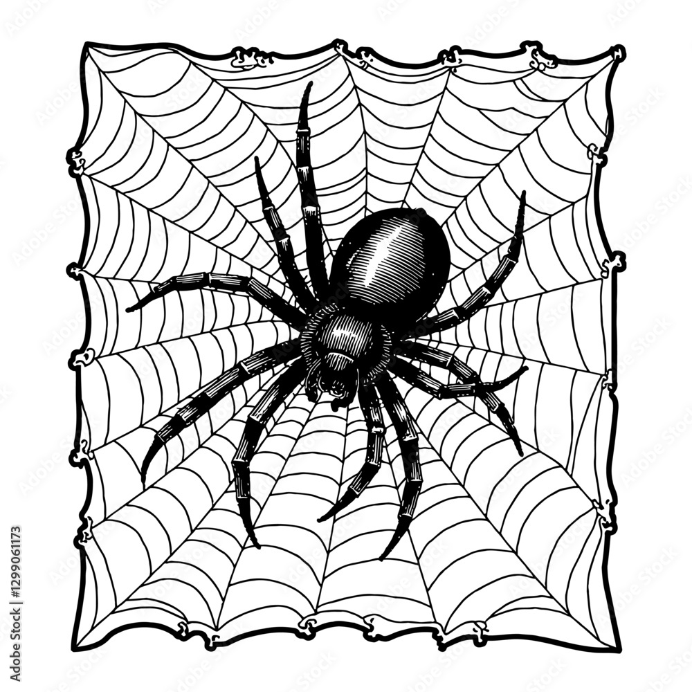 Obraz premium Detailed Spider in Web Arachnid Insect Horror Black and White Outline Line Art Drawing