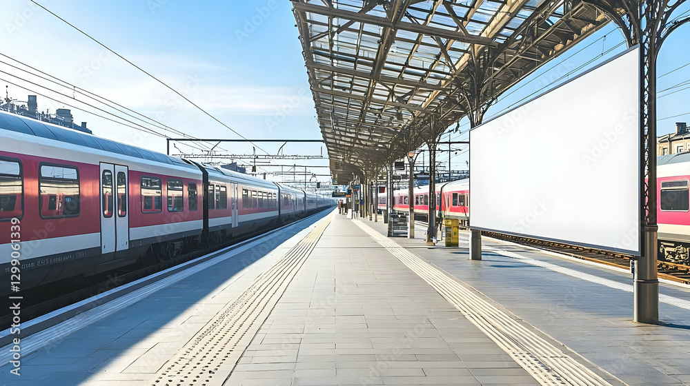 Train Station Platform Scene With Red And White Train Under Blue Sky With Advertising Billboard Train Station Platform Scene With Red And White Train Under Blue Sky With Advertising Billboard
