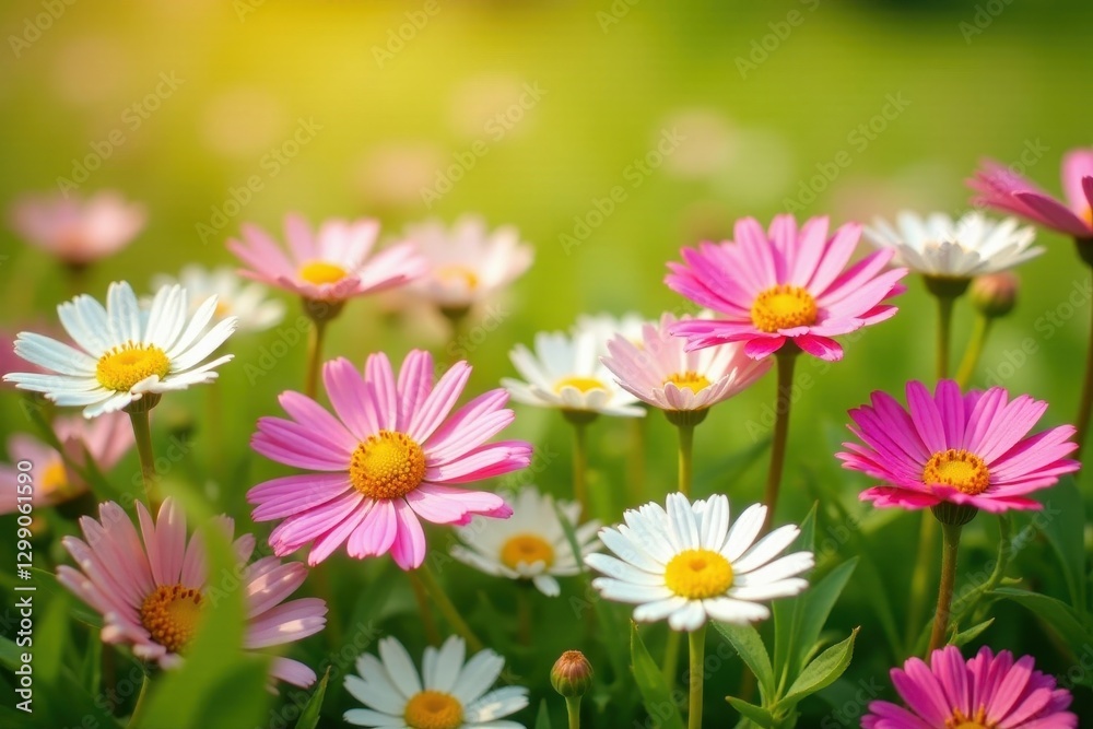 Pink and white daisies carpet a sunny meadow, interspersed with cheerful dandelions , countryside, summer Pink and white daisies carpet a sunny meadow, interspersed with cheerful dandelions , countryside, summer