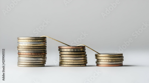 Three Coin Stacks With Decreasing Heights Representing Financial Trend On White Background