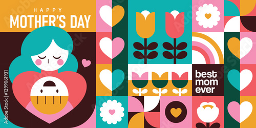 Happy Mother's Day flat vector illustration in geometry style. Mom with child, flowers and abstract geometric shapes.
