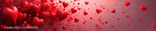 Scattered red hearts, swirling whimsical explosion , bright, cute