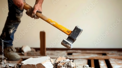 Construction worker demolishing floor with sledgehammer during renovation