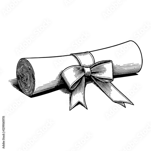 Engraved Rolled Certificate with Ribbon Black and White Outline Line Art Drawing Isolated