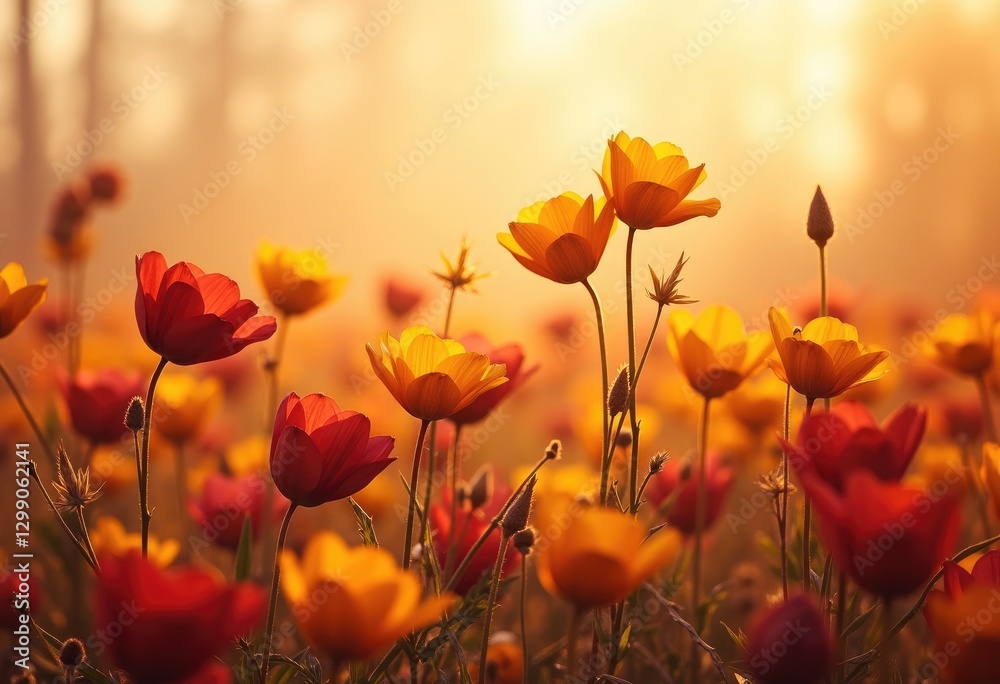Fototapeta premium Bright flower field with cheerful mood and glowing yellow and red blossoms at sunset