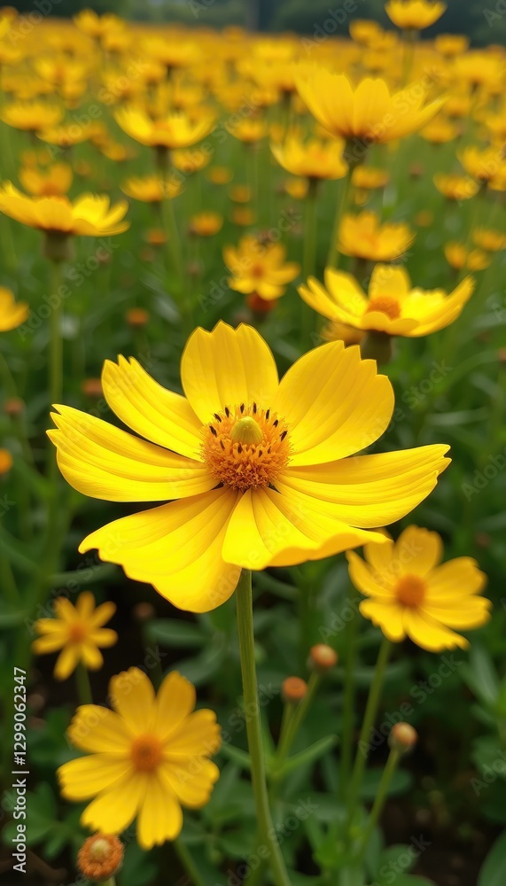 Bright yellow flower with cheerful mood in a lush garden field of blooms Bright yellow flower with cheerful mood in a lush garden field of blooms