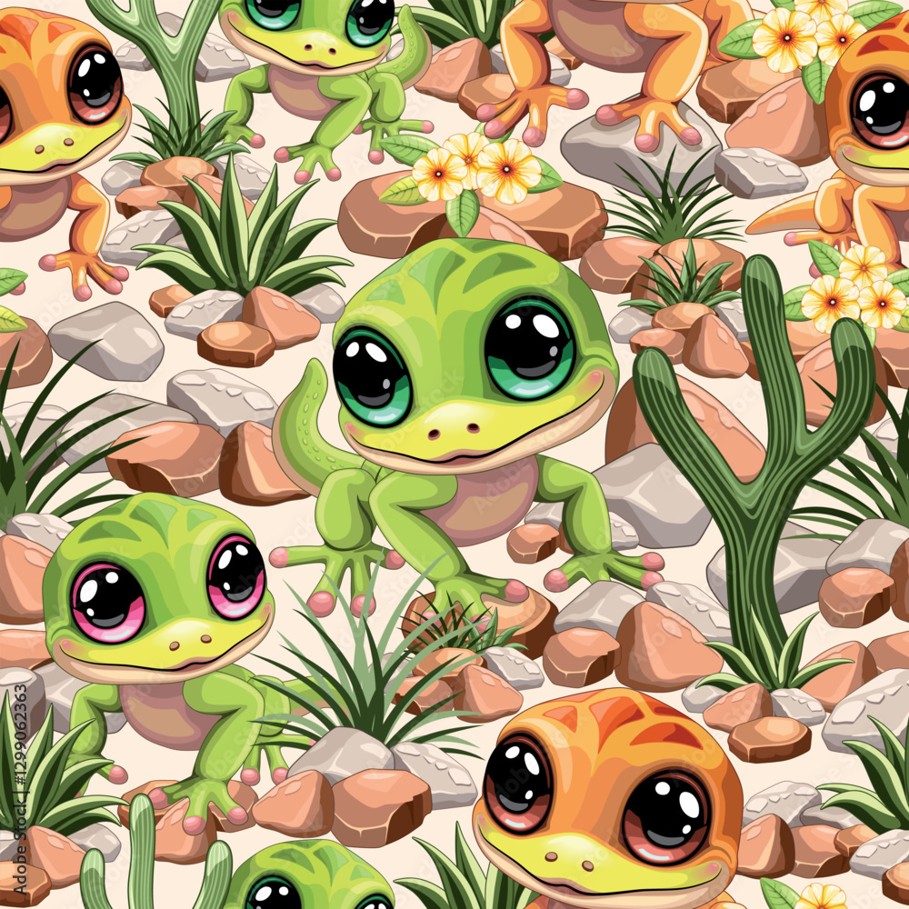 Fototapeta premium Gecko Lizard Baby Cute Cartoon Character on Desert Scenery, stones and Cactuses Childlike vector seamless repeat Textile Pattern 