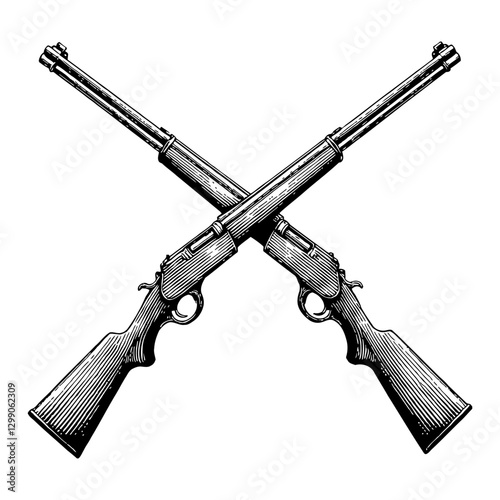 Crossed Antique Rifles Monochrome Black and White Outline Line Art Drawing Illustration