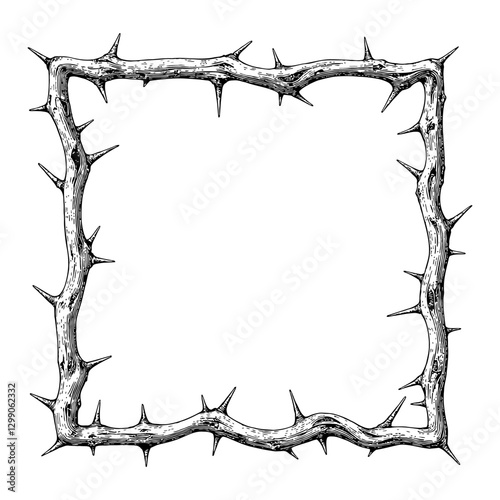 Decorative Frame Border with Rose Thorn Detailed Black and White Outline Line Art Drawing
