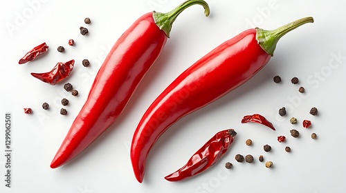 a group of red peppers and some peppercorns