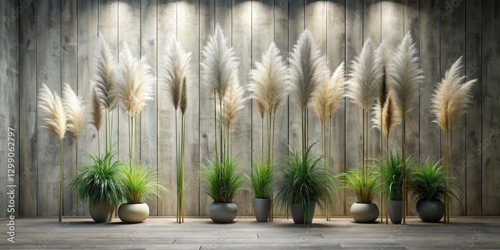 Fototapeta premium Serene Indoor Garden Arrangement Featuring Tall Pampas Grass and Lush Green Foliage in Elegant Planters Against a Weathered Wood Wall
